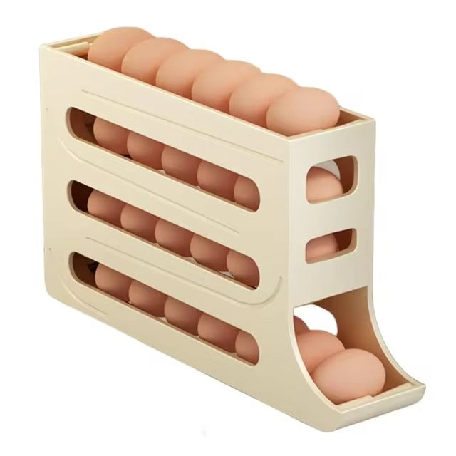 4-tier rolling egg storage box, automatic egg holder dispenser for refrigerator, ideal kitchen organizer.